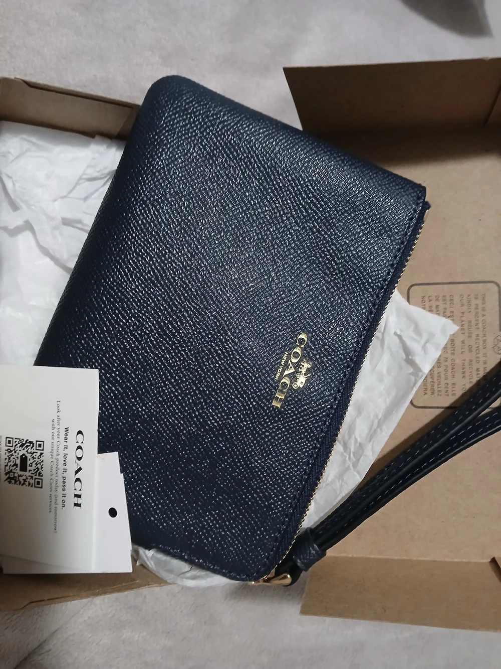 Coach Navy Pebbled Leather Zip Wristlet with Gold Hardware